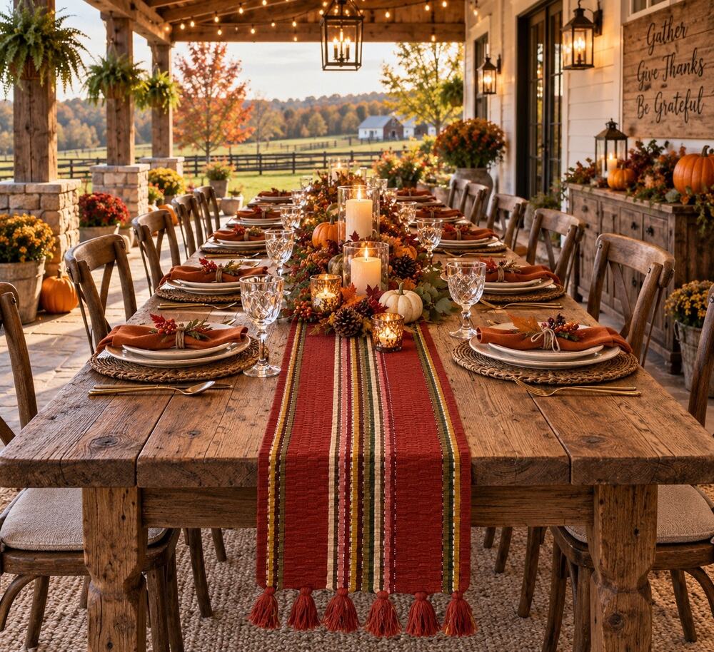 Fall Table Runner 112” Rust Red Striped Woven Tassel Thanksgiving Farmhouse